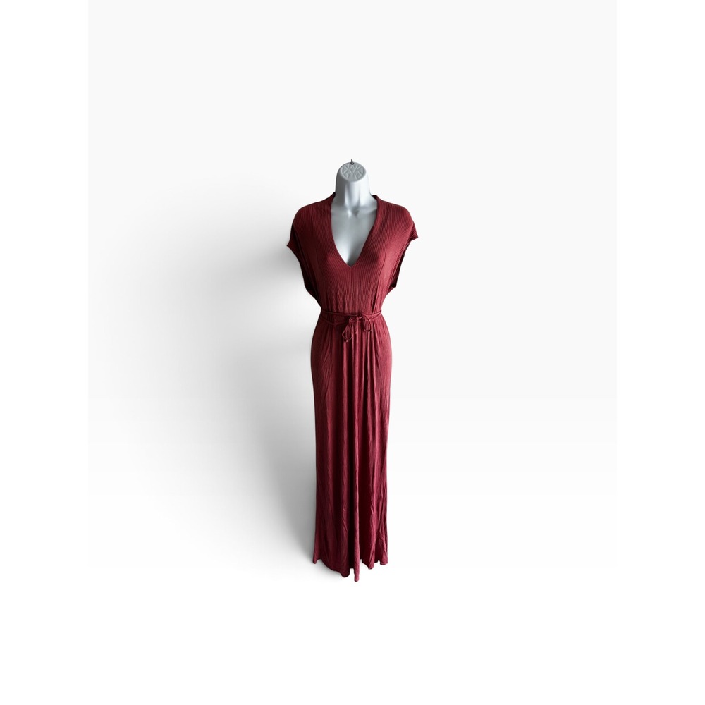 Lucky Brand Maxi Dress S Red Ribbed V-Neck Tie Waist Boho Casual